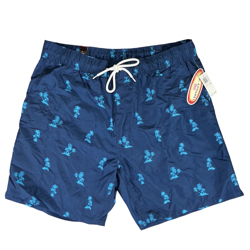 US Apparel Mens 2XL Swim Trunks‎ Navy Blue Palm Island Tropical Mesh Lined NWT